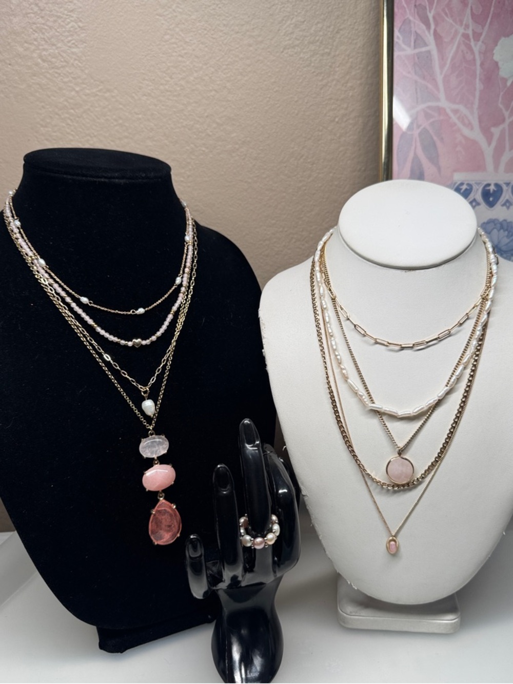 Rose quartz necklace and faux pearl necklace lot bundle